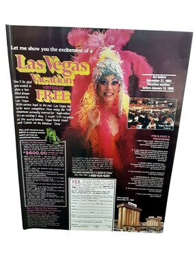 1984 Las Vegas Vacation Print Ad Showgirl Casino World Hotel